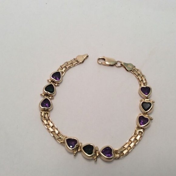 14k Solid Yellow Gold Bismark  Bizmark Heart CZ Purple Green Lady Bracelet 15.8g - Picture 3 of 9